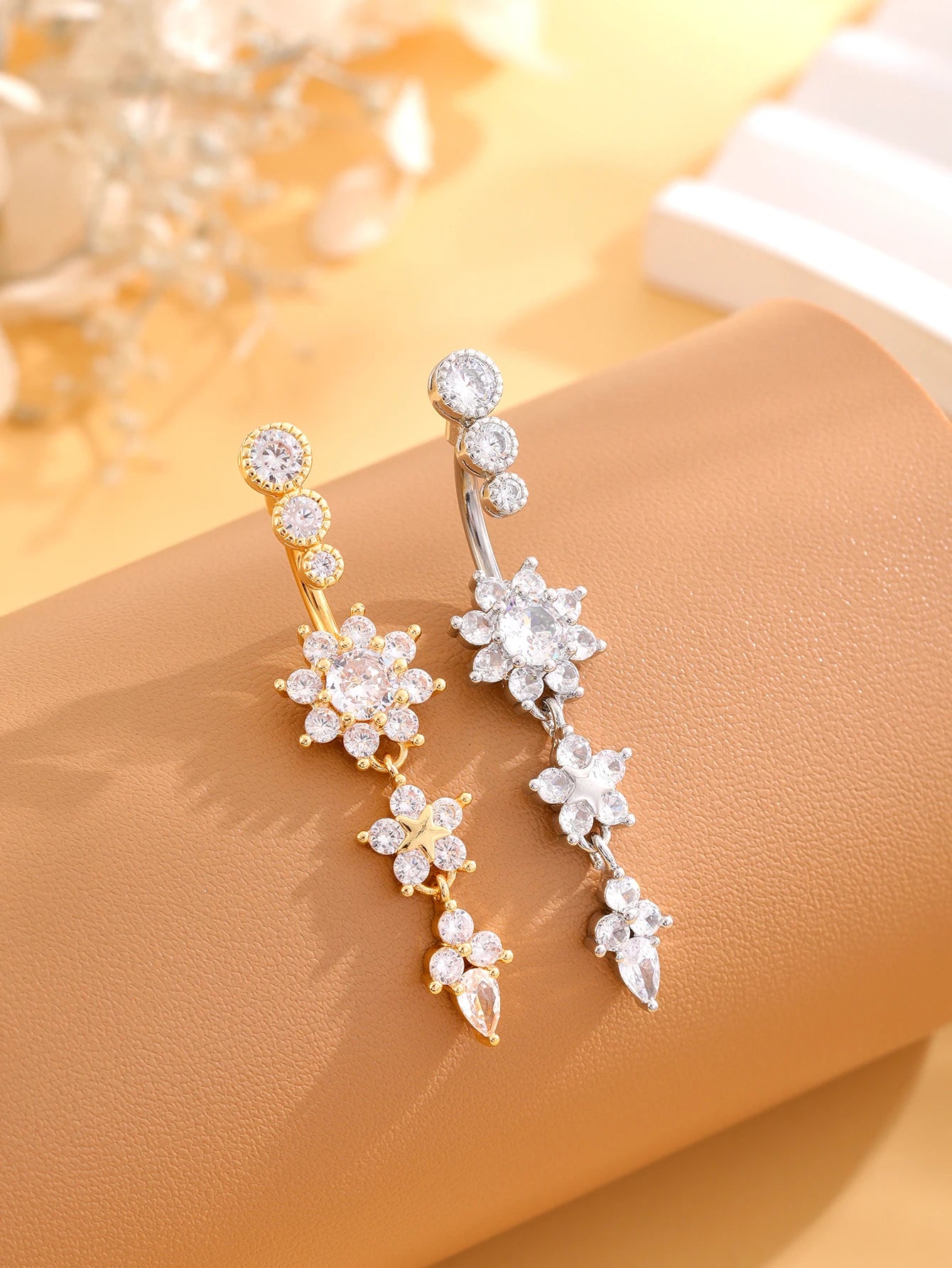 Belly Button Ring Long Dangled Flower CZ Crystal Navel Belly Piercing Rings for Women