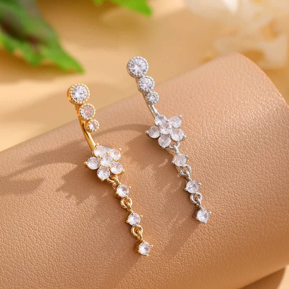 Belly Button Ring Long Dangled Flower CZ Crystal Navel Belly Piercing Rings for Women