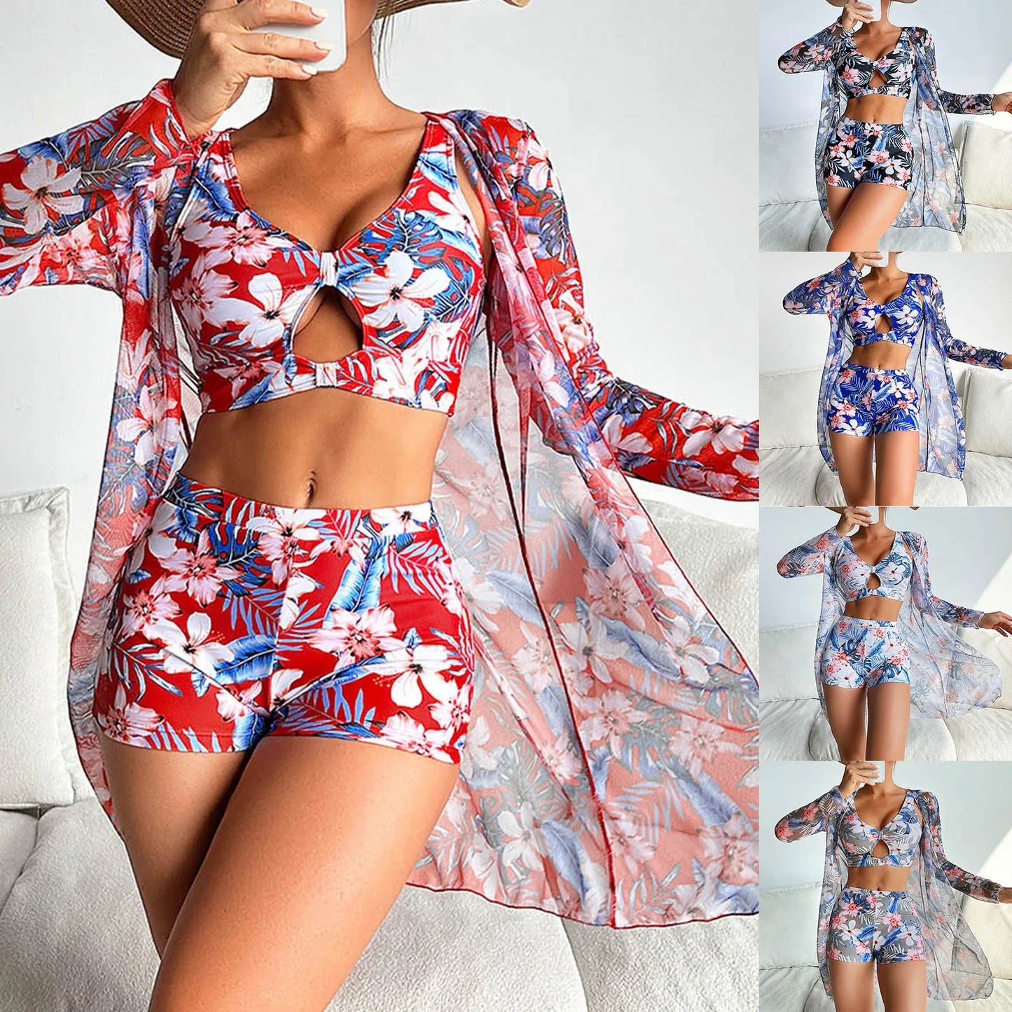 Female Swimwear High Waist Bikinis Sexy 3 Piece Bikini Set Cover Up Swimsuit For Women Long Sleeve Push Up Swimwear Bathing Suit