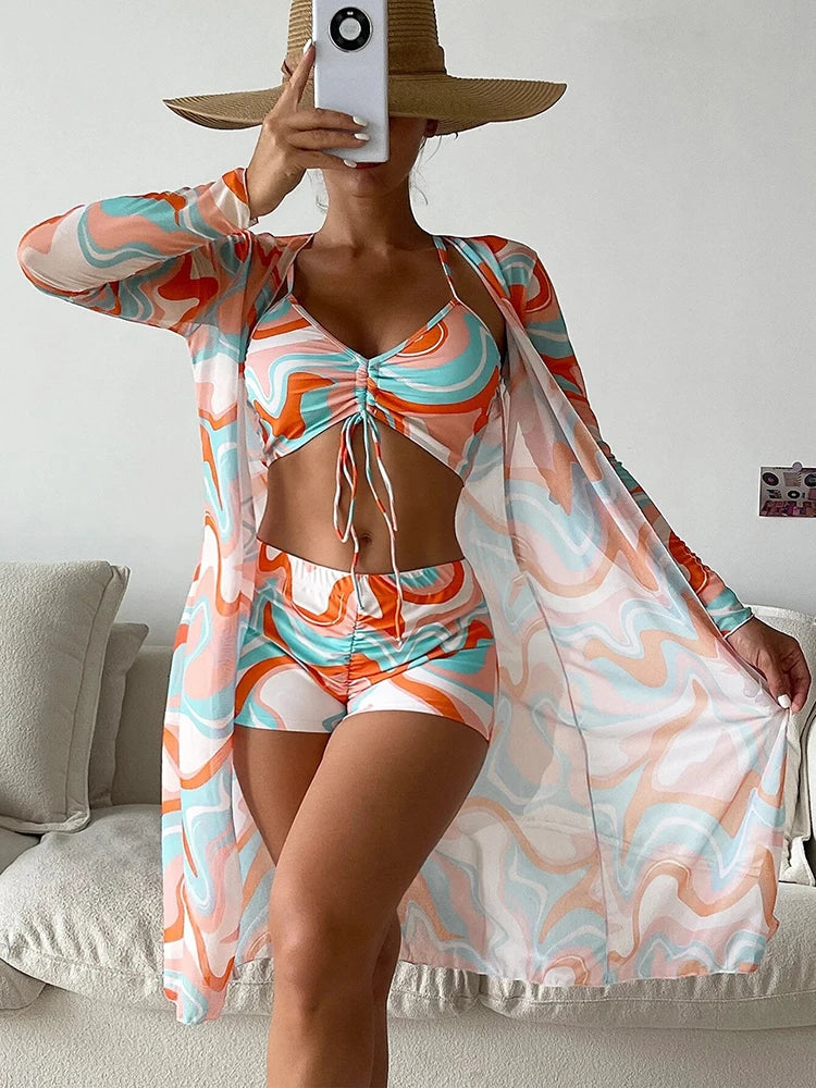 Bandage High Waist Bikini Set Cover Up Swimsuit For Women Push Up Long Sleeve Three Pieces Swimwear Beach Bathing Suits