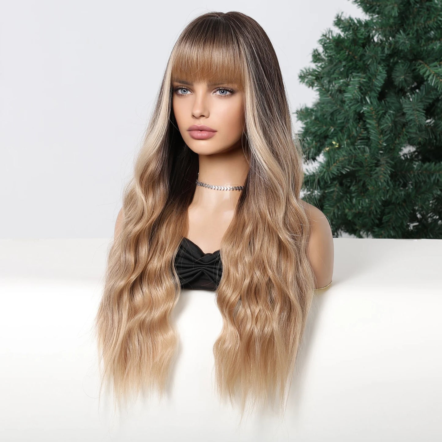 WIG
 -Long Natural Wavy Hair Wigs With Bangs Daily Party Heat Resistant Fibre