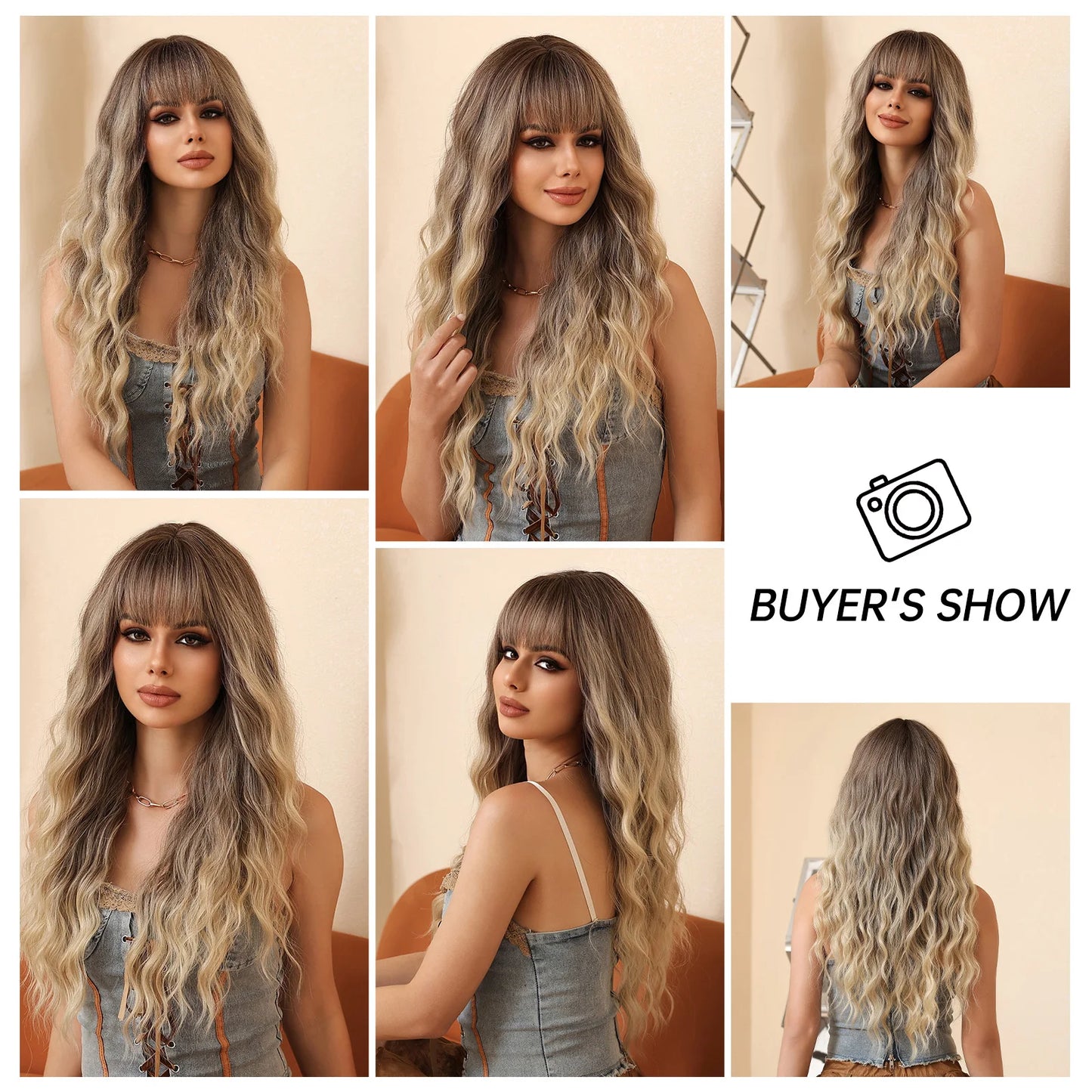 WIG
 Gray Brown Ombre Blonde Wavy Wigs Long Natural Wave Curly Wig for Women Fake Hair With Bangs Daily Cosplay Fiber Wig