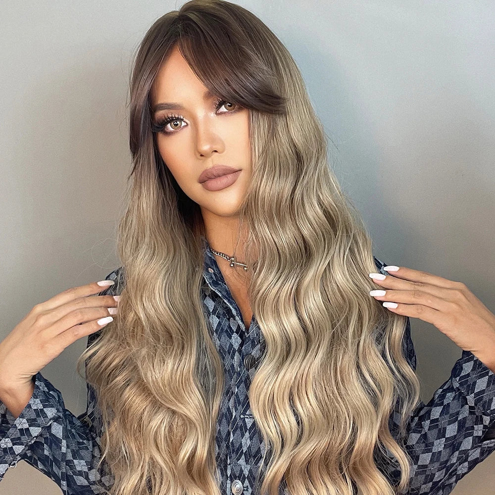 WIG
 Light Brown Wig with Bangs Brown Ombre Long Wavy Wig Synthetic Wigs for Natural Daily Wear Party Heat Resistant Fiber