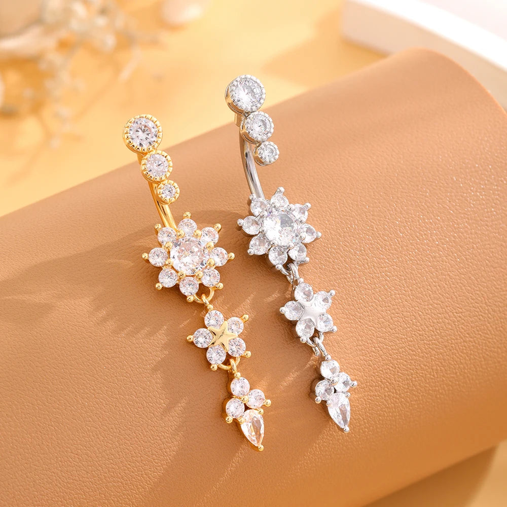 Belly Button Ring Long Dangled Flower CZ Crystal Navel Belly Piercing Rings for Women