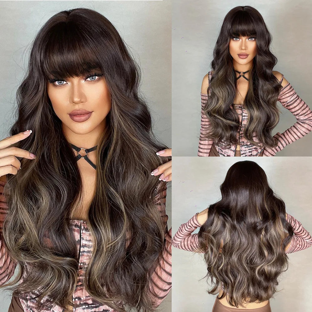 WIG
 Light Brown Wig with Bangs Brown Ombre Long Wavy Wig Synthetic Wigs for Natural Daily Wear Party Heat Resistant Fiber