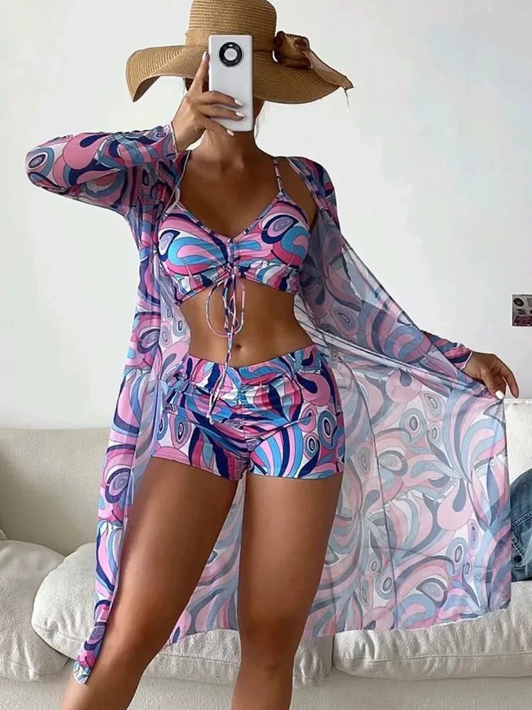 2024 New Tropical Print Bikini 3pack Drawstring Ruched Cover Up Women Swimsuit Long Sleeve Swimwear Beach Wear Bathing Suit