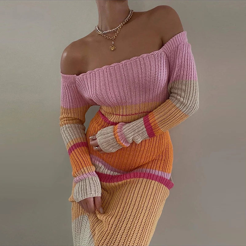 Beach Style Off Shoulder Crochet Maxi Dress Elegant Women Vintage Patchwork Long Sleeve Hollow Out Knitted Bodycon Dress Y2K