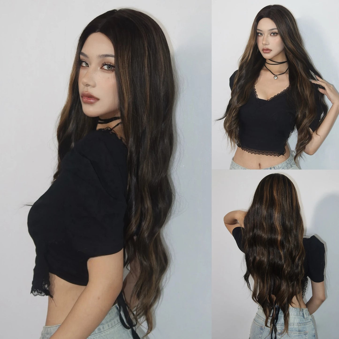 WIG
 Gray Brown Ombre Blonde Wavy Wigs Long Natural Wave Curly Wig for Women Fake Hair With Bangs Daily Cosplay Fiber Wig