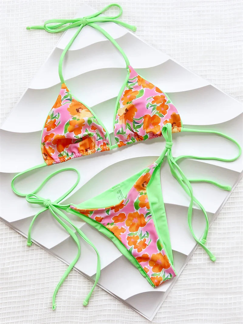 2024 Flower Printed Halter Strappy High Cut Bikini Set Female Swimsuit Women Swimwear Floral Bathing Suit for Women