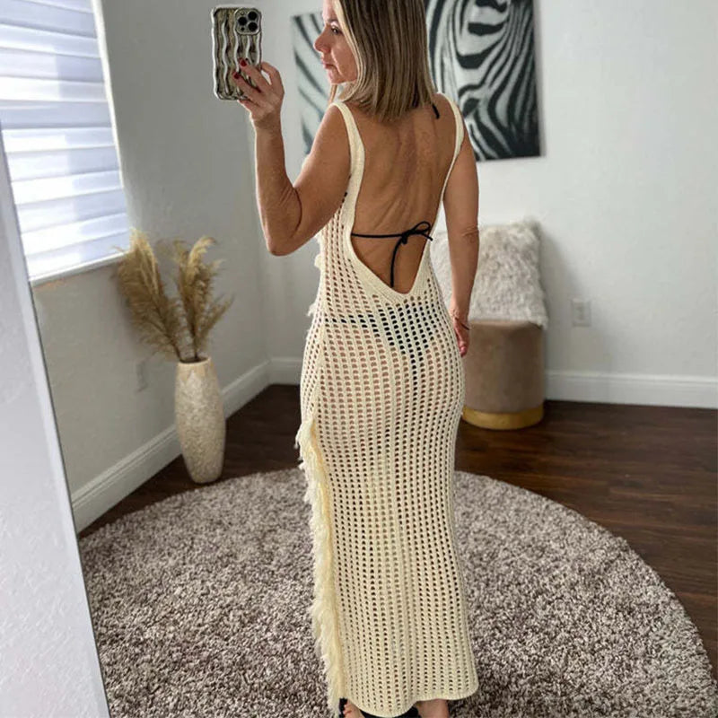 Dresses For Women Summer Tassel Knitted Long One-piece Dress Gown Spaghetti Strap Hollow Sexy Boho Beach Dress Nightclub Outfits