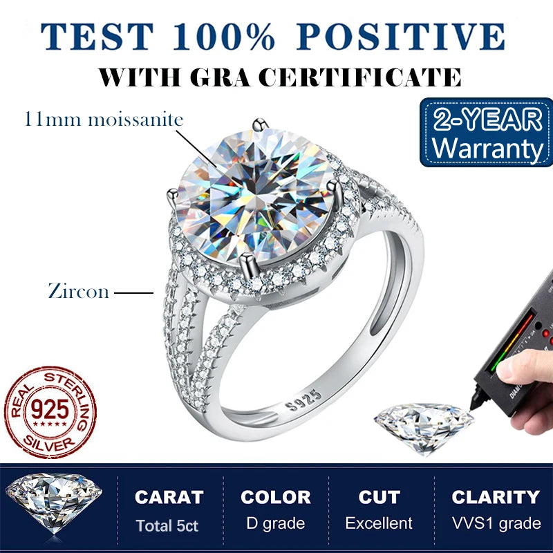 RING - 925 Sterling Silver
 5 Carat D VVSI  Moissanite Diamond Rings Luxury