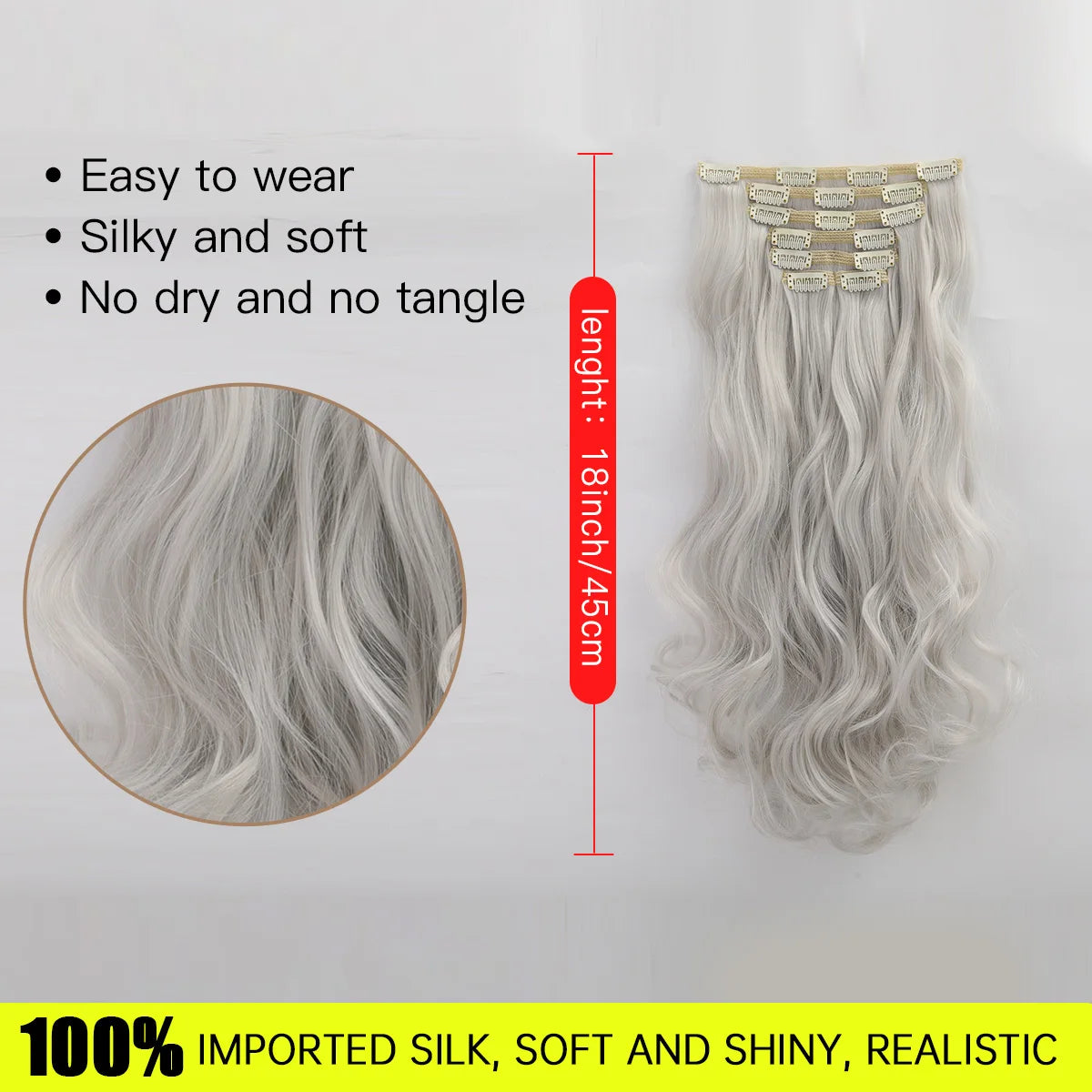 Hair Extensions 
18 Inch Long 7PCS Clips Mermaid Wave Luxurious Lightweight Synthetic - Natural
Soft Silver Gray Wine Red Black