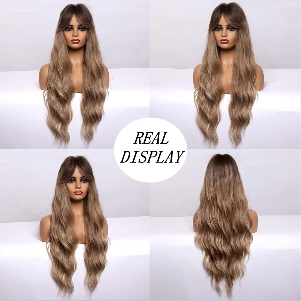 WIG
 Light Brown Wig with Bangs Brown Ombre Long Wavy Wig Synthetic Wigs for Natural Daily Wear Party Heat Resistant Fiber