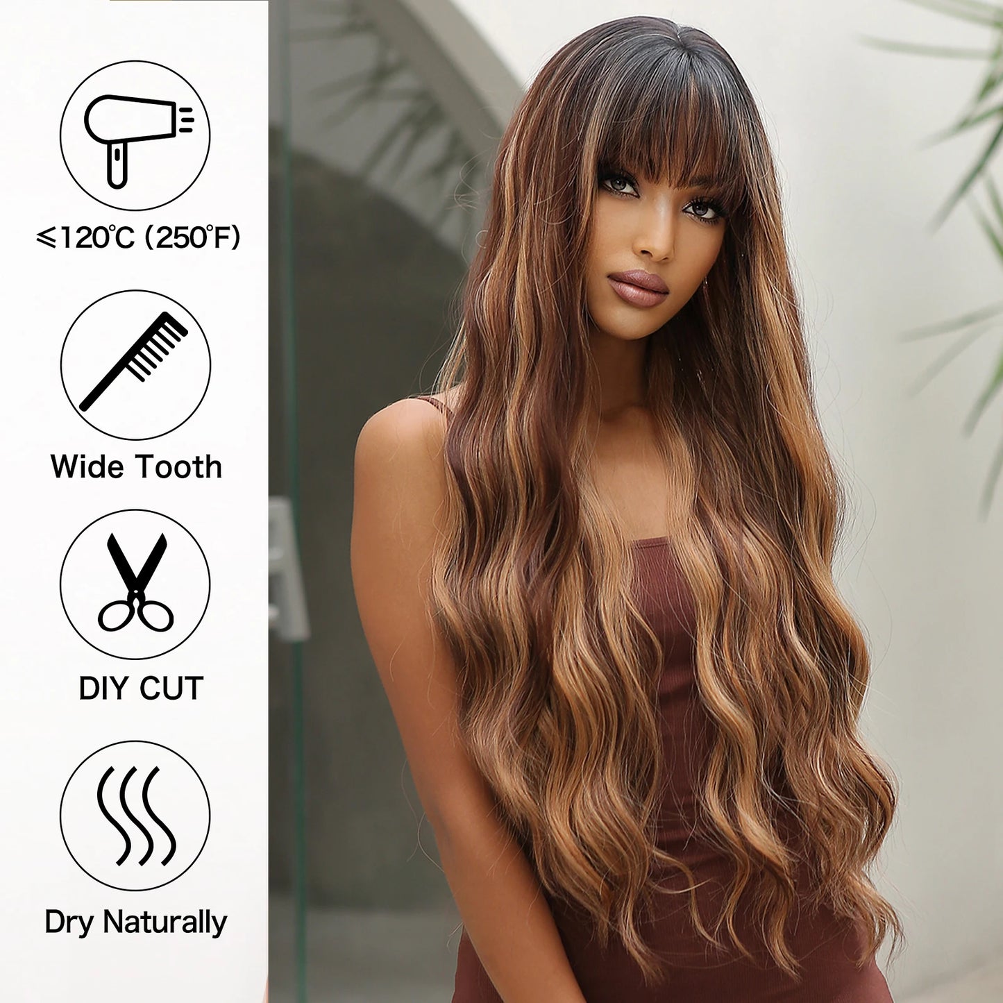 WIG
- Brown Highlight Synthetic  with Bangs for  Women Long Ombre Honey Brown Wave Wig Heat Resistant Hair Natural