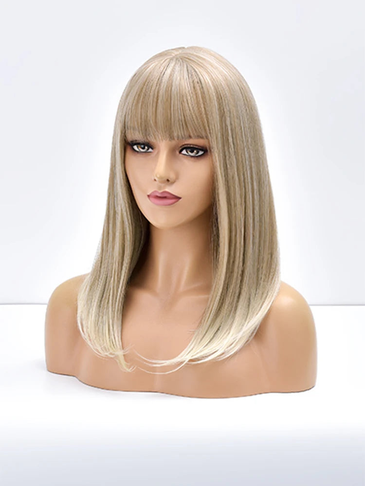 WIG
Long Straight Gold Synthetic Wig With Bangs For Black White Women Heat Resistant Fiber Daily Hair Cosplay Wigs