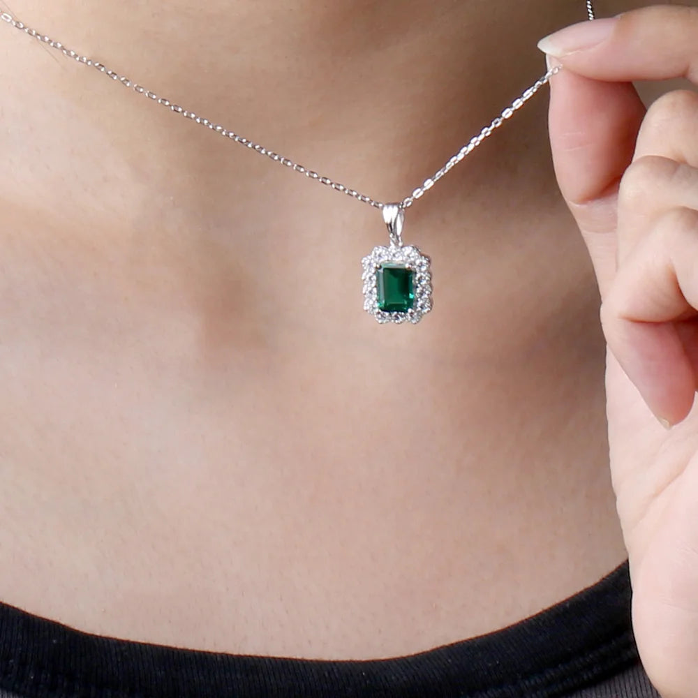 NECKLACE-18K White Gold 6x8 1.6ct  Lab Emerald Necklace Emerald Cut Green Gemstone Necklace