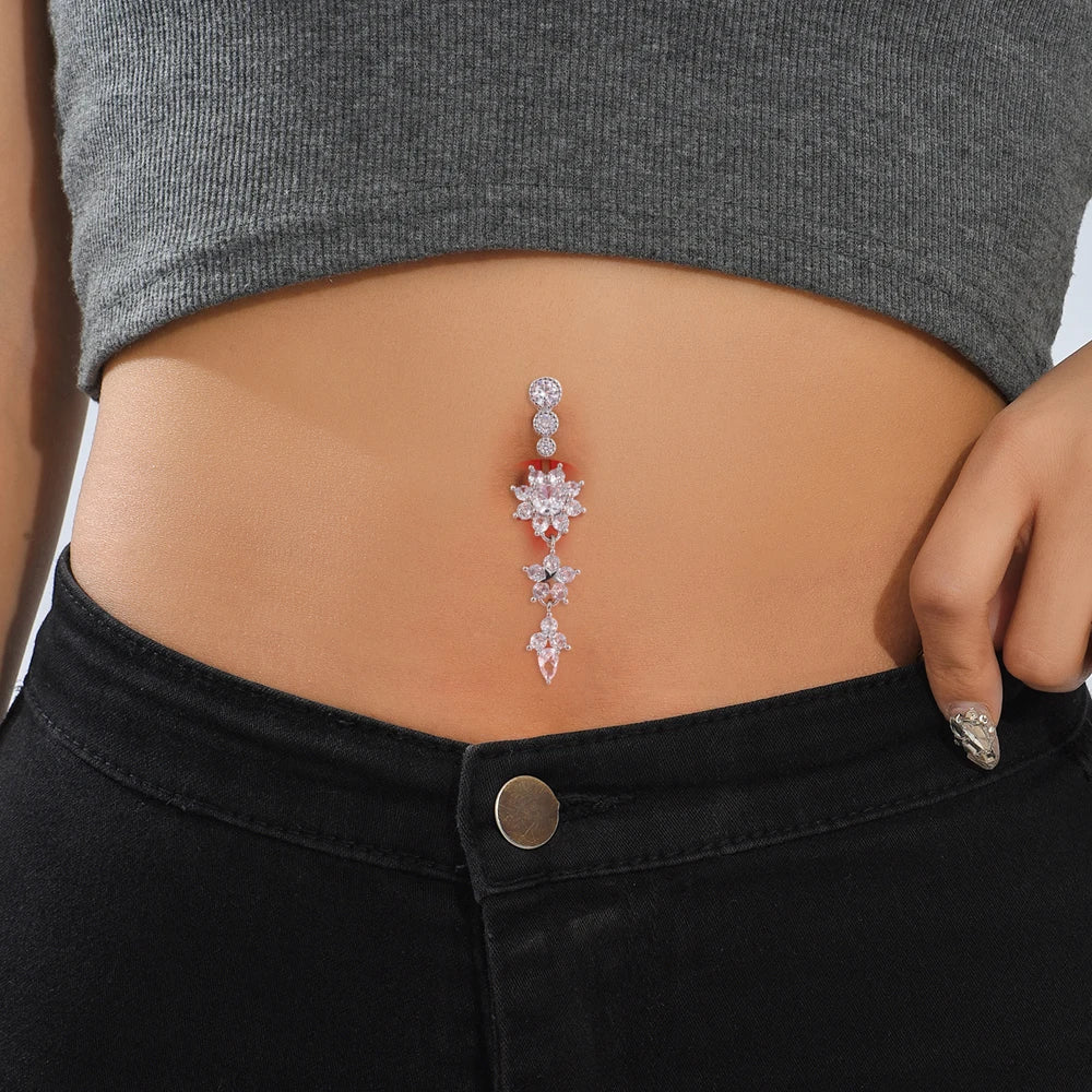 Belly Button Ring Long Dangled Flower CZ Crystal Navel Belly Piercing Rings for Women