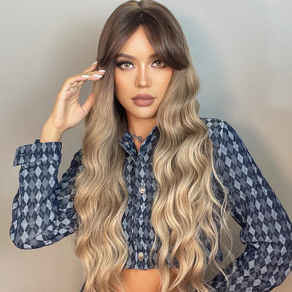 WIG
 Light Brown Wig with Bangs Brown Ombre Long Wavy Wig Synthetic Wigs for Natural Daily Wear Party Heat Resistant Fiber