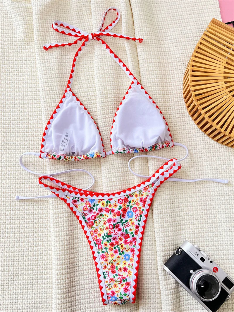 2024 Flower Printed Halter Strappy High Cut Bikini Set Female Swimsuit Women Swimwear Floral Bathing Suit for Women