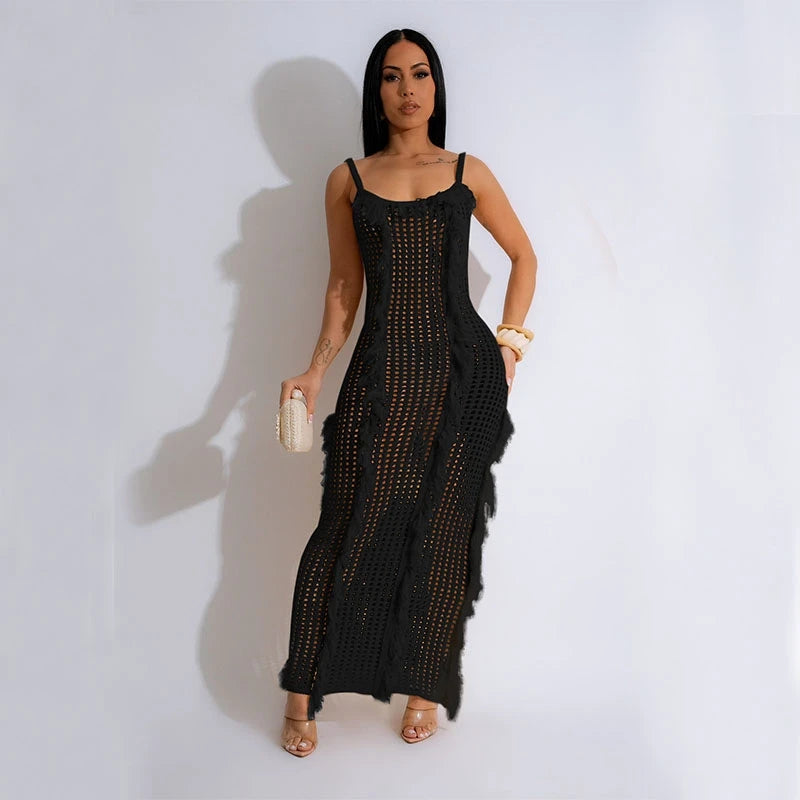 Dresses For Women Summer Tassel Knitted Long One-piece Dress Gown Spaghetti Strap Hollow Sexy Boho Beach Dress Nightclub Outfits