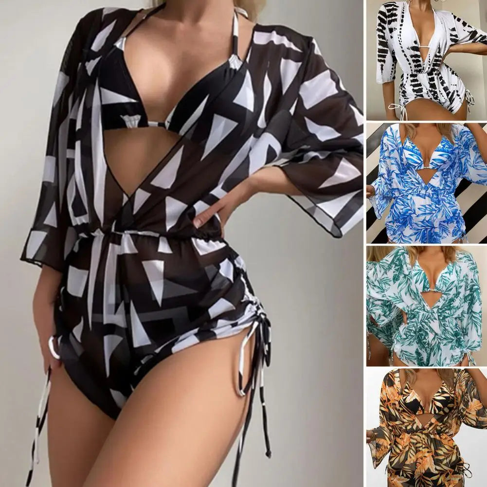 3 Pcs/Set Sexy Bathing Suit Multi Stings Leaf Print Bikini Cover Up Set See-through Lace Up Low-cut Halter Neck Swimwear Set