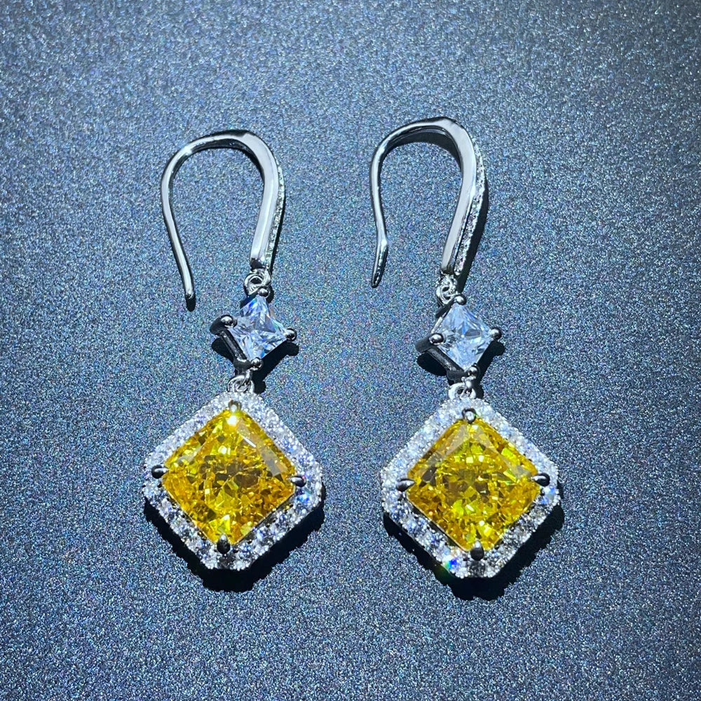 Real 925 Sterling Silver Crushed Ice 6CT Fancy Vivid Yellow Sapphire Gemstone Drop Earrings for Women