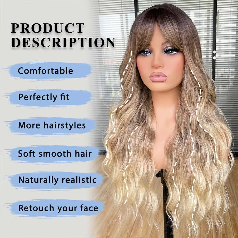 WIG
Natural Blonde Brown with Bangs Long
 Curly Wavy Synthetic Hair Wigs for Women Daily Cosplay Party Use Heat Resistant Fiber