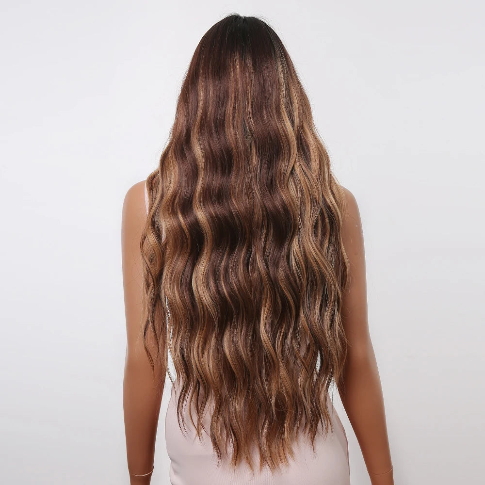 WIG
- Brown Highlight Synthetic  with Bangs for  Women Long Ombre Honey Brown Wave Wig Heat Resistant Hair Natural