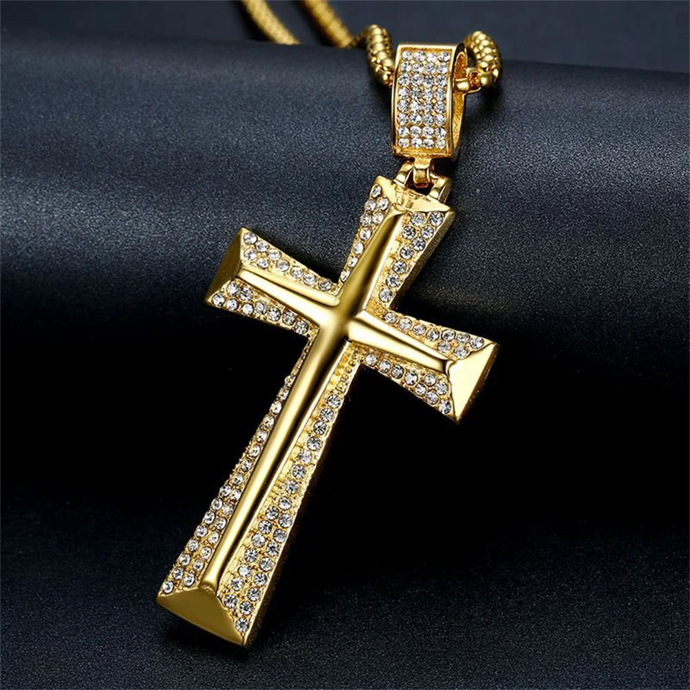 Iced Out Bling Cross Necklace 
For Men Gold Color