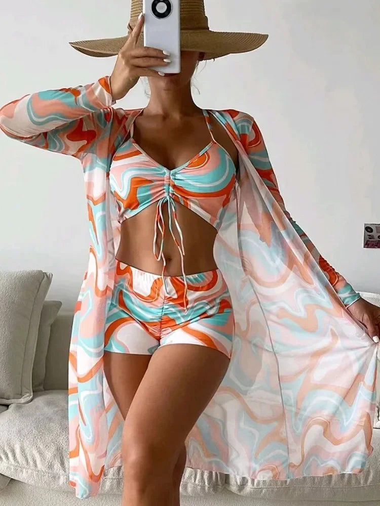 2024 New Tropical Print Bikini 3pack Drawstring Ruched Cover Up Women Swimsuit Long Sleeve Swimwear Beach Wear Bathing Suit