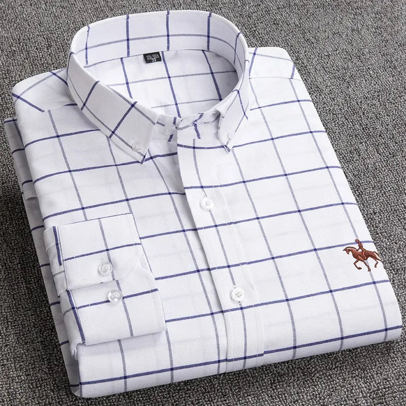 2024 Men's Long Sleeve Dress Shirt Men Pure Cotton Oxford  Embroidered Horse Casual Without Pocket Solid Shirt Plus Size