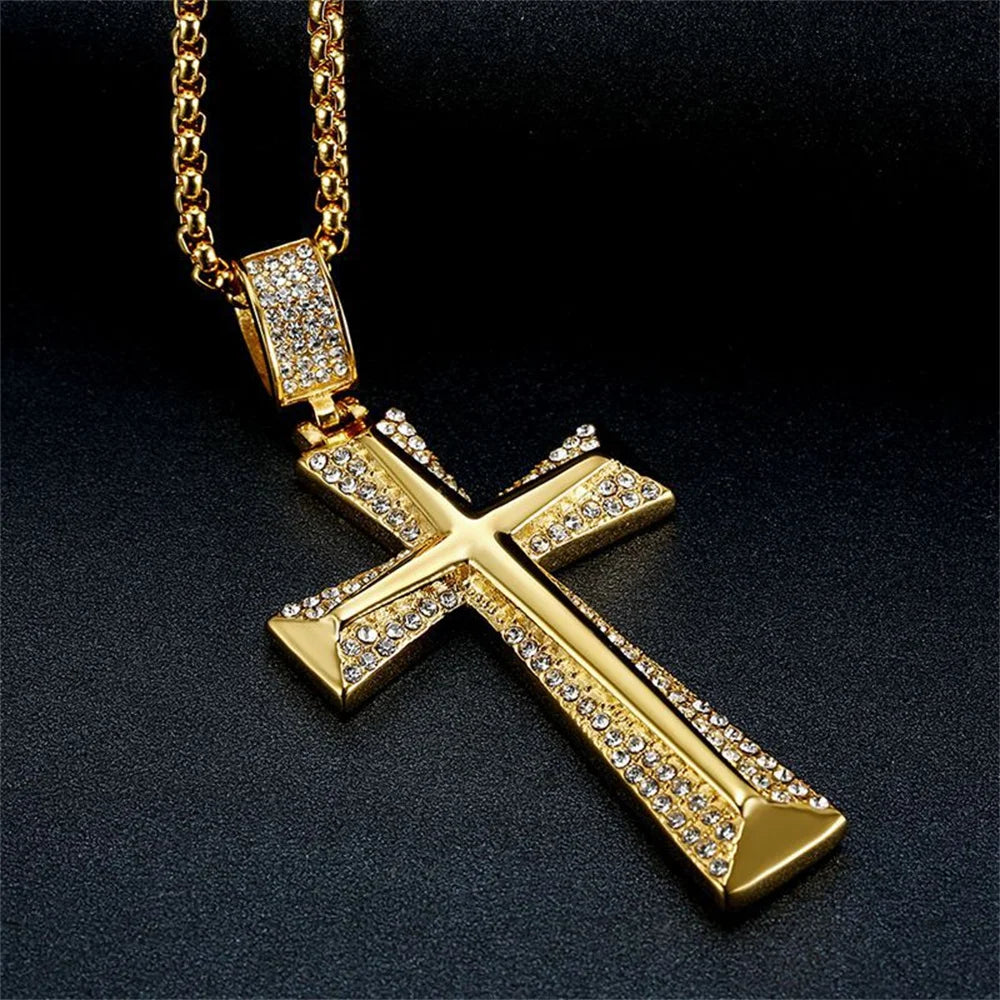 Iced Out Bling Cross Necklace 
For Men Gold Color