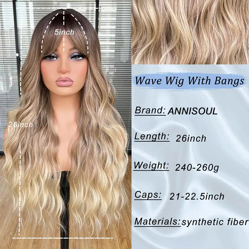 WIG
Natural Blonde Brown with Bangs Long
 Curly Wavy Synthetic Hair Wigs for Women Daily Cosplay Party Use Heat Resistant Fiber