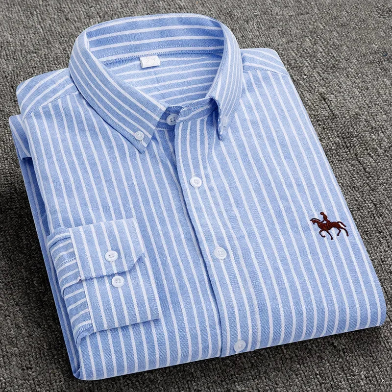 2024 Men's Long Sleeve Dress Shirt Men Pure Cotton Oxford  Embroidered Horse Casual Without Pocket Solid Shirt Plus Size