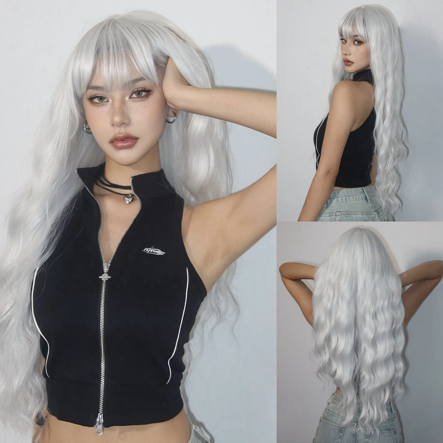 WIG
 Gray Brown Ombre Blonde Wavy Wigs Long Natural Wave Curly Wig for Women Fake Hair With Bangs Daily Cosplay Fiber Wig