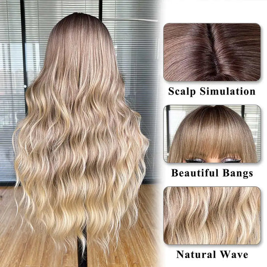 WIG
Natural Blonde Brown with Bangs Long
 Curly Wavy Synthetic Hair Wigs for Women Daily Cosplay Party Use Heat Resistant Fiber