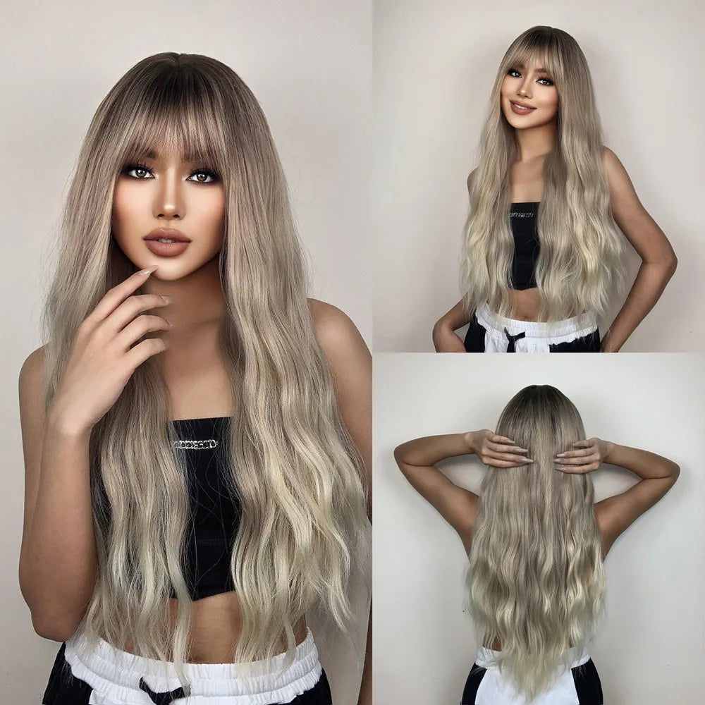 WIG
 Light Brown Wig with Bangs Brown Ombre Long Wavy Wig Synthetic Wigs for Natural Daily Wear Party Heat Resistant Fiber