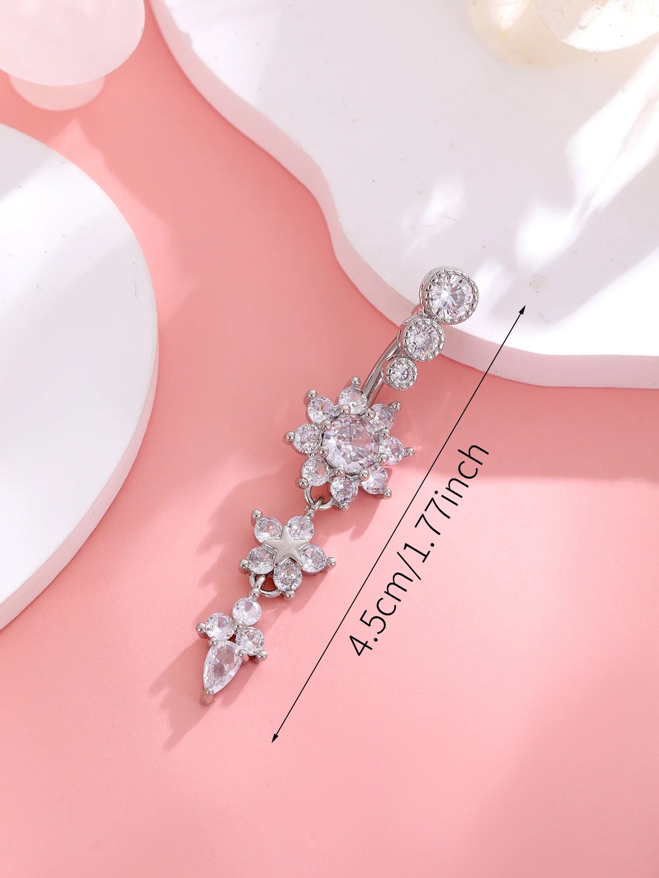 Belly Button Ring Long Dangled Flower CZ Crystal Navel Belly Piercing Rings for Women