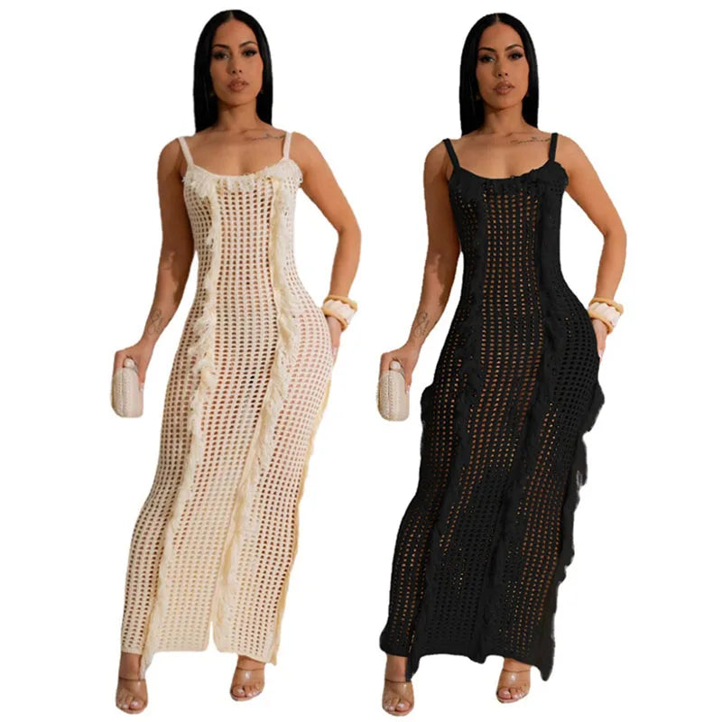 Dresses For Women Summer Tassel Knitted Long One-piece Dress Gown Spaghetti Strap Hollow Sexy Boho Beach Dress Nightclub Outfits