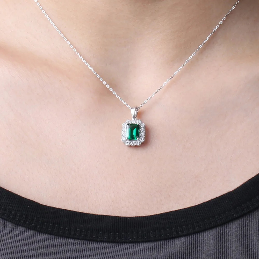 NECKLACE-18K White Gold 6x8 1.6ct  Lab Emerald Necklace Emerald Cut Green Gemstone Necklace