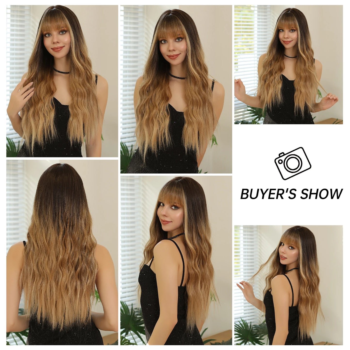 WIG
 -Long Natural Wavy Hair Wigs With Bangs Daily Party Heat Resistant Fibre