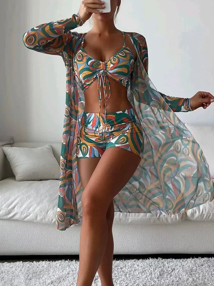 2024 New Tropical Print Bikini 3pack Drawstring Ruched Cover Up Women Swimsuit Long Sleeve Swimwear Beach Wear Bathing Suit