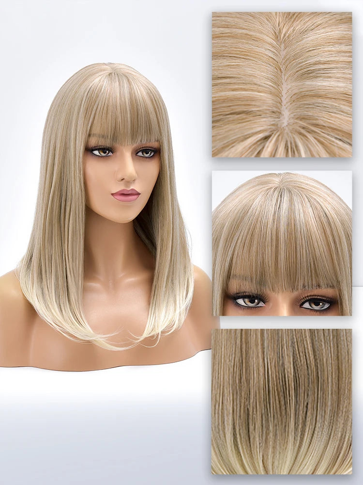 WIG
Long Straight Gold Synthetic Wig With Bangs For Black White Women Heat Resistant Fiber Daily Hair Cosplay Wigs