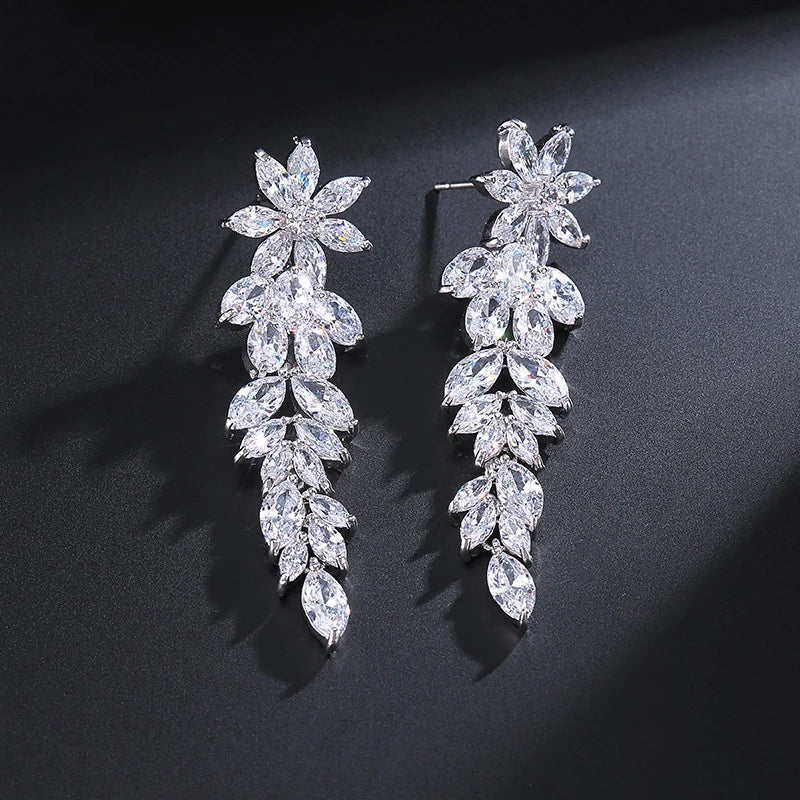 Luxury Gorgeous Marquise Cluster Dangle Earrings for Women Flower Shape Cubic Zirconia Long Earring Bride Wedding Jewelry