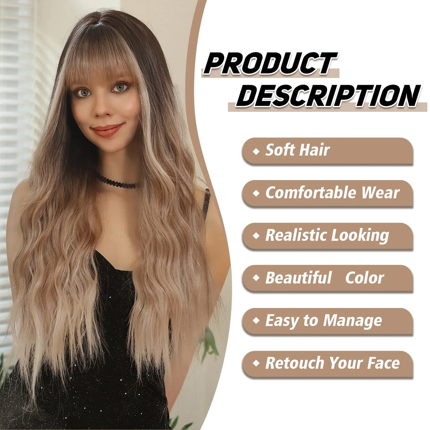 WIG
 -Long Natural Wavy Hair Wigs With Bangs Daily Party Heat Resistant Fibre