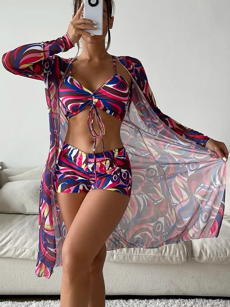 2024 New Tropical Print Bikini 3pack Drawstring Ruched Cover Up Women Swimsuit Long Sleeve Swimwear Beach Wear Bathing Suit