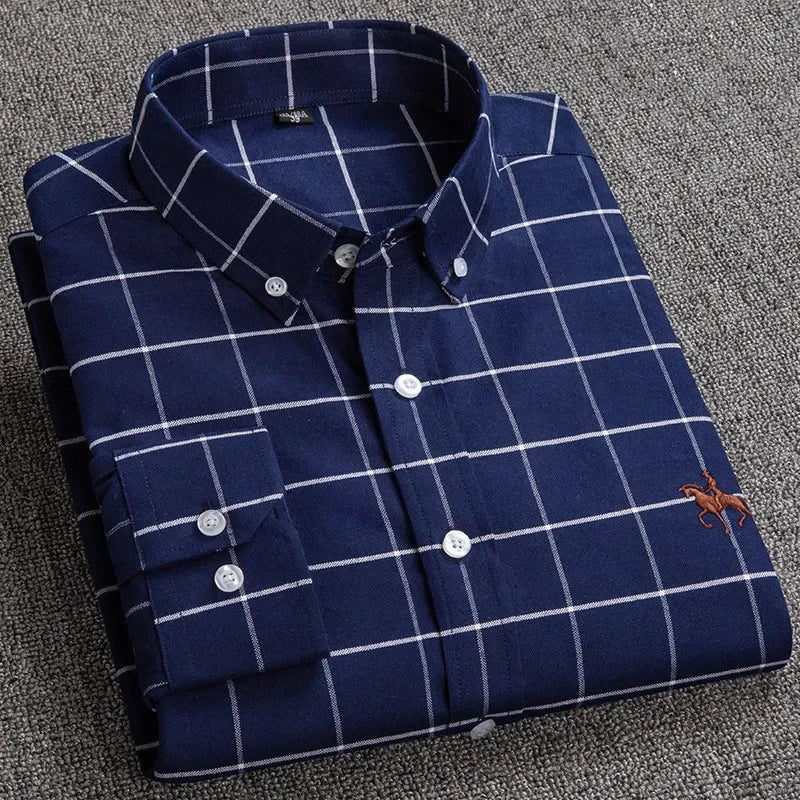 2024 Men's Long Sleeve Dress Shirt Men Pure Cotton Oxford  Embroidered Horse Casual Without Pocket Solid Shirt Plus Size