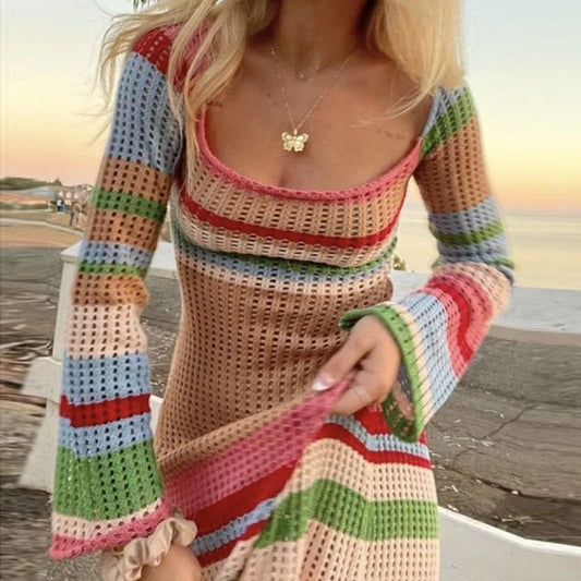 Beach Style Off Shoulder Crochet Maxi Dress Elegant Women Vintage Patchwork Long Sleeve Hollow Out Knitted Bodycon Dress Y2K