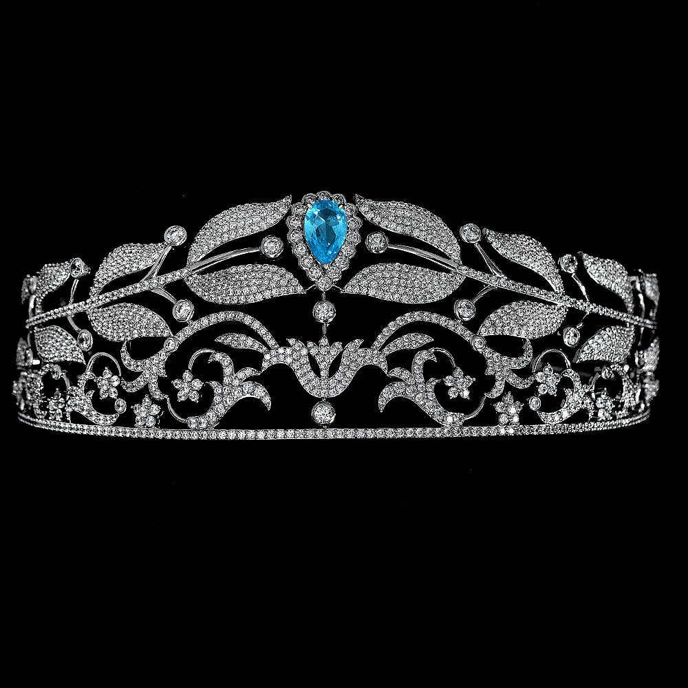 Headdress -5
 18K White Gold Plated Aquamarine Created Moissanite  for Women Wedding 925 Sterling Silver Jewelry