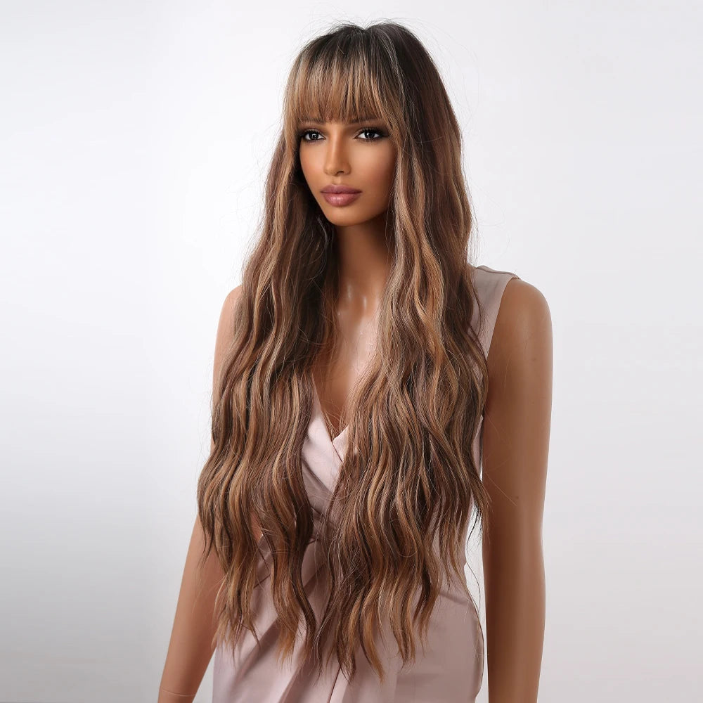 WIG
- Brown Highlight Synthetic  with Bangs for  Women Long Ombre Honey Brown Wave Wig Heat Resistant Hair Natural